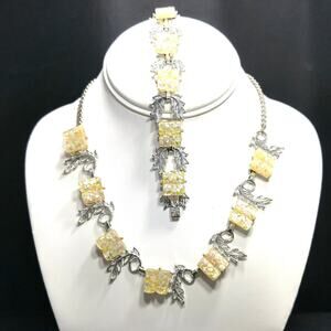 Vintage Lucite Confetti Necklace Bracelet Set, Silver Tone Leaves, 1960s Jewelry
